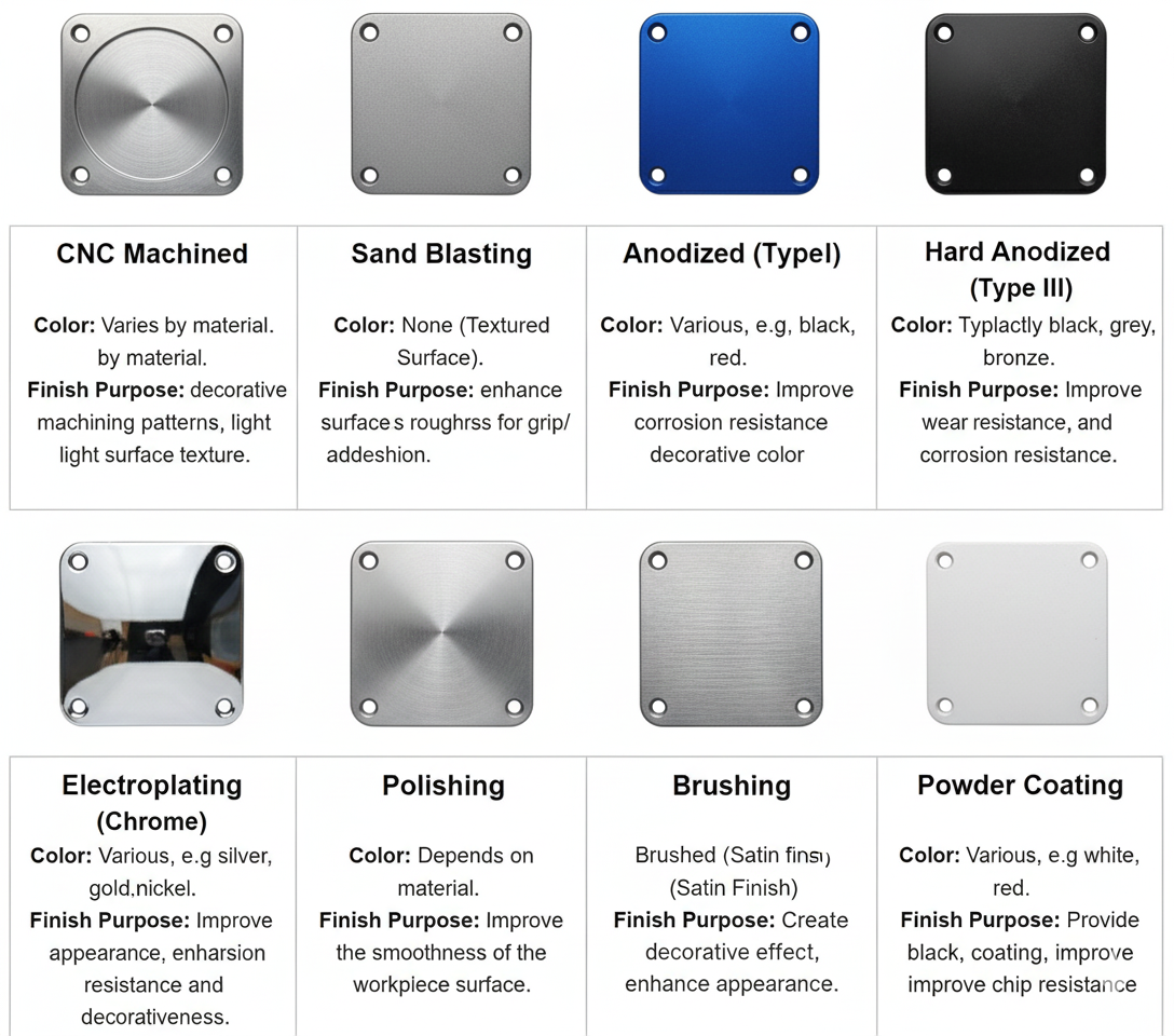CNC machined sand blasting anodized hard anodized electroplating polishing brushing and powder coating examples
